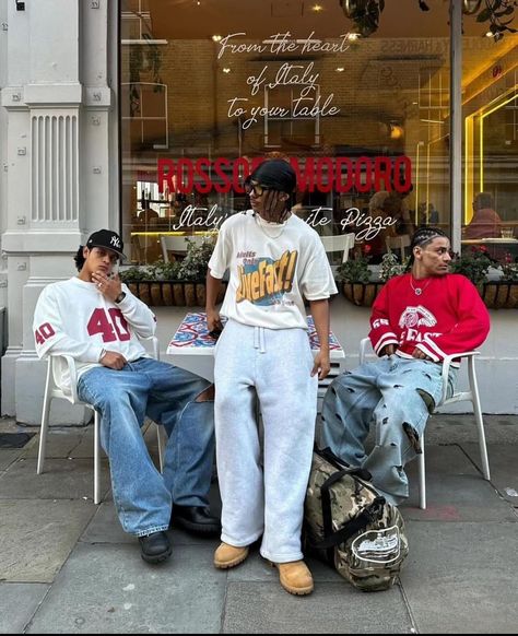 Men Group Poses, Guy Group Pictures, 90s Aesthetic Outfit Men, Trio Poses, Drippy Fits, Clean Fits, Masc Outfits, Fall Streetwear, Classy Outfits Men