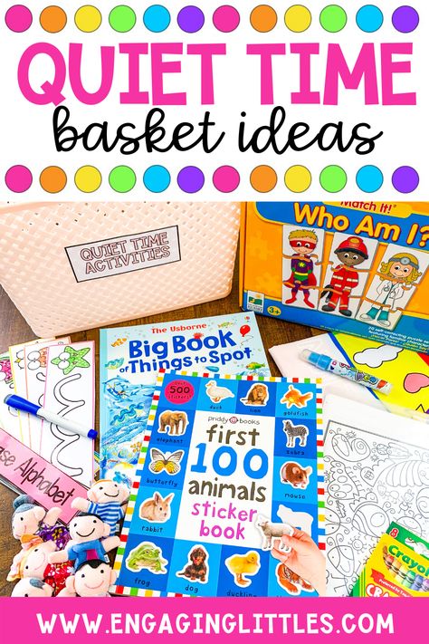 Is your child done napping, but you still know that everyone needs a little quiet time each day? Take a look at these ideas for setting up a quiet time basket. Quiet Time Basket, Morning Baskets, Bucket Ideas, Busy Binder, Rabbit Book, Quiet Time Activities, Writing Lines, Quiet Activities, Preschool Books