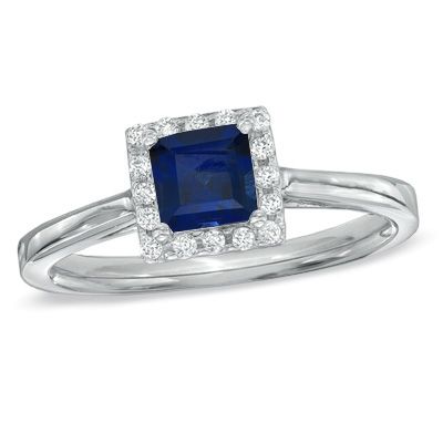 Princess-Cut Lab-Created Blue Sapphire and 1/7 CT. T.W. Diamond Engagement Ring in 10K White Gold - Zales Chocolate Diamond Ring Engagement, Gold Knot Ring, Geode Jewelry, Sapphire Engagement Rings, Precious Stones Rings, Diamond Promise Rings, Peoples Jewellers, White Gold Wedding Bands, Natural Diamond Ring