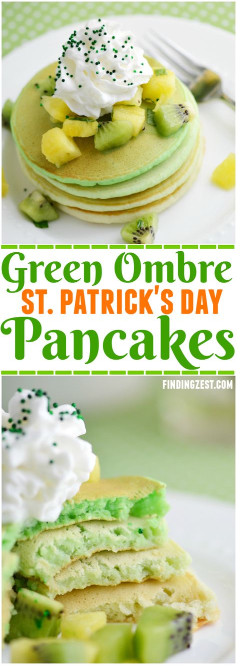 Serve these Green Ombre St. Patrick's Day Pancakes for a delicious breakfast or brunch! Topped fresh kiwi and pineapple fruit salsa, it is sure to delight. Pancakes With Fruit, Yummy Pancake Recipe, Fruit Pancakes, Fun Breakfast, Boozy Brunch, St Patricks Day Food, Fruit Salsa, Pineapple Fruit, Holiday Side Dishes