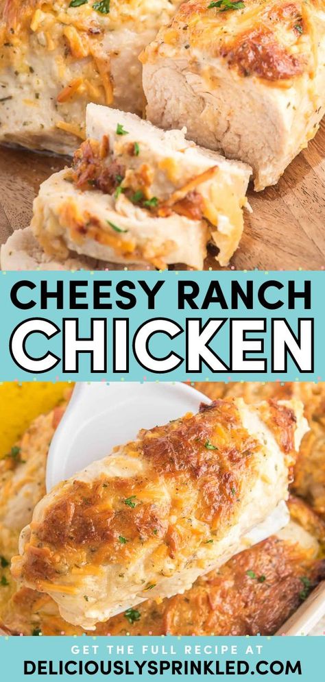 You'll love this ranch chicken recipe! It's an easy meal idea. Smothered in ranch seasoning, cheddar cheese, and mayo, this baked chicken is the BEST busy weeknight dinner! Pin this for later! Mayo Cheddar Chicken, Mayo Ranch Chicken Baked, Instapot Ranch Chicken, Mayo Ranch Chicken, Ranch Mayo Chicken, Ranch Cheddar Chicken, Cheesy Ranch Chicken, Chicken Breast Oven Recipes, Ranch Chicken Recipe