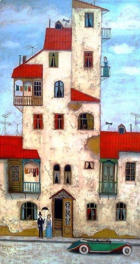 Naive Art Extraordinaire | Click on the image.. | Facebook Cottage Art, Architecture Painting, Happy House, 수채화 그림, Art Academy, Cool Landscapes, Naive Art, Urban Sketching, Folk Art Painting