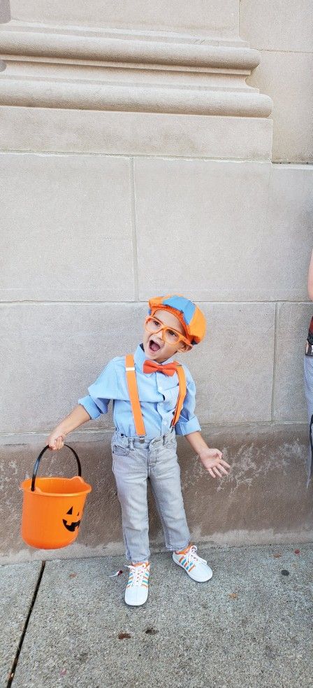 Diy Blippi And Meekah Costume, Toddler Halloween Costumes Boy Diy, Cute Toddler Costumes Boy, Blippi Halloween Costume Family, Diy Blippi Costume, Blippi Family Costume, Preschool Boy Halloween Costumes, Halloween Costume 2 Year Boy, Two Year Old Boy Halloween Costume