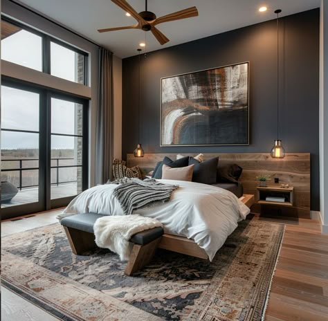 Modern Cabin Bedroom Master Suite, Dark Wood Floors Bedroom, Modern Cabin Bedroom, Muskoka Cottages, Deluxe Bedroom, Dark Modern Bedroom, Layered Bedding, Male Bedroom Ideas, Fall Bedroom Ideas