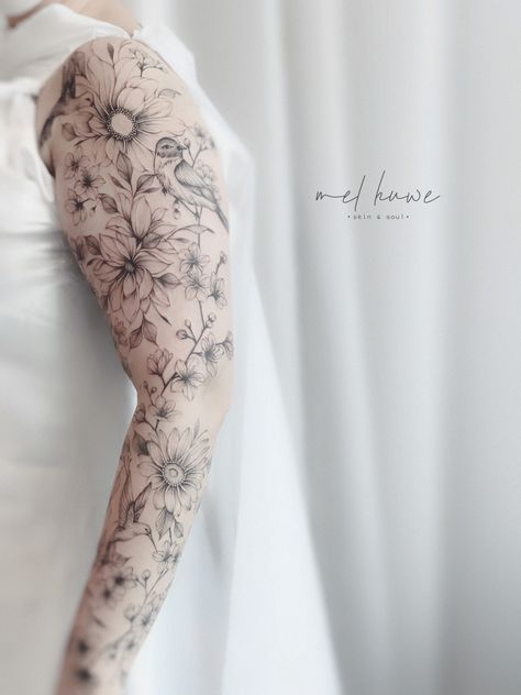 Fine Line Floral Half Sleeve Tattoo, Wedding Bouquet Tattoo Sleeve, Fine Line Flower Sleeve Tattoo, Fine Line Full Sleeve Tattoo, Fineline Sleeve Tattoo, Fineline Tattoo Sleeve, Tatoos Woman Chest, Fine Line Sleeve Tattoo, Wildflower Half Sleeve Tattoo