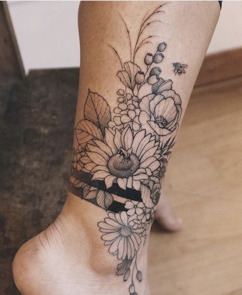 Cover Up Tattoo Ideas On Ankle, Flower Ankle Tattoos For Women Wrap Around, Flower Tattoos Ankle Cover Up, Ankel Tattoos Wrap Around Women, Lower Leg Flower Tattoos Women, Large Ankle Tattoo Cover Up, Garden Ankle Tattoo, Ankle Tattoos For Women Wrap Around Flowers, Women Lower Leg Tattoo