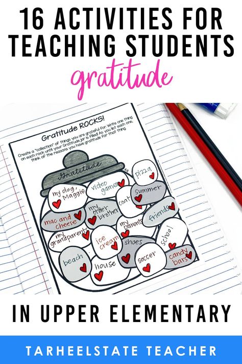 Having a grateful heart and developing an attitude of gratitude and thankfulness is truly something that can improve our world. Gratitude is not something that can only be taught to kids in November or for Thanksgiving. Students can develop their muscles of gratitude all year with these 16 activities! This list of ideas goes beyond typical gratitude activities like keeping a log or journal. Find books, videos, morning meeting lessons, and more in this blog post. #tarheelstateteacher Gratitude Sel Lessons, Fall Gratitude Journal, Christmas Morning Meeting Ideas, Gratitude Lessons For Middle School, Thanksgiving Counseling Activities, Gratitude Lessons Elementary, November Classroom Activities, Thanksgiving Gratitude Activities, Gratitude Lesson