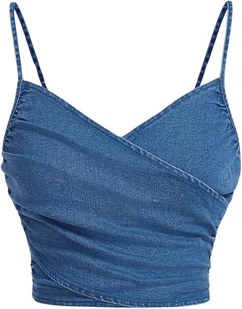 MakeMeChic Women's V Neck Wrap Crop Denim Top Sleeveless Spaghetti Strap Zip Back Summer Cami Tops Neck Wrap, Top Sleeveless, Cropped Denim, Cami Tanks, Denim Top, Stylish Accessories, Amazon Fashion, Cami Tops, Affordable Fashion