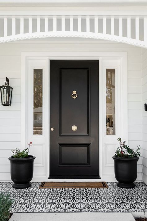 Hamptons House Exterior, Painted Wainscoting, Black Front Door, Traditional Front Doors, Three Birds Renovations, Black Front Doors, Three Birds, Exterior Paint Colors For House, House Window