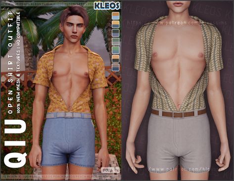 Kleos Sims, Open Shirt Outfit, Sims 4 Men Clothing, Sims 4 Male Clothes, The Sims 4 Skin, Cc Mods, Open Shirt, Sims 4 Characters, Sims Hair