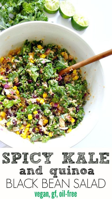 Spicy Kale and Quinoa Black Bean Salad » The Glowing Fridge Quinoa Black Bean Salad, Vegan Bean Salad, Kale And Quinoa, Salad Macaroni, Healthy Quinoa, Black Bean Quinoa, Quinoa Salat, Black Bean Salad, Taco Party