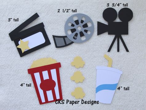 "**PLEASE MEASURE YOUR PROJECT BEFORE YOU PURCHASE TO ENSURE THIS DIE CUT WILL FIT** **Measurements of ALL our items are written on the photo as well as in the description.** Die Cut Movie Theme Handmade Scrapbook Paper Piecings 5 Pieces to this set 1 Clapper measures 3\" tall 1 Film Reel measures 2 1/2\" tall 1 Video Camera measures 3 3/4\" tall 1 Popcorn Tub measures 4\" tall 1 Soda Drink Cup measures 4\" tall All die cuts are complete and as shown in the photo. I mass produce my items, so qua Cricut Movie Night, Classroom 2023, Theatre Crafts, Deco Cinema, Popcorn Tub, Movie Night Popcorn, Movie Crafts, Paper Piecing Scrapbooking, Movie Ideas