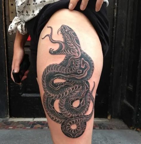 simple-coil-snake-tattoo Coiled Snake Tattoo, Snake Thigh Tattoo, Tattoos On Thigh, Black Snake Tattoo, Sin Tattoo, Traditional Snake Tattoo, Hip Tattoo Designs, Snake Tattoos, Thigh Tattoo Designs