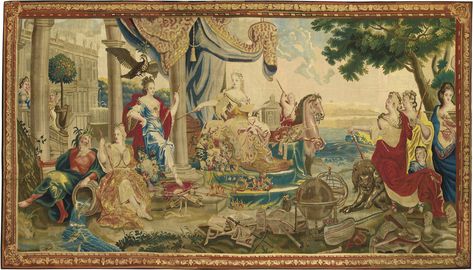 A tapestry depicting 'Europe' from the tenture des Quatre parties du monde, Brussels, late 17th/early 18th century, after Lodewijk Van Schoor, probably by Alexander Baert Ier made with wool and silk, depicting Europe as a young lady on a throne, facing three women symbolizing the Arts, the Music and the Sciences, with crowns at her feet, pointing with her sceptre at the three figures at her right, representing the wealth of the continent 329,5 cm. x 572 cm. ; 129¾in. x 225¼in. Old Tapestry, European Sculpture, 17th Century Art, 19th Century Paintings, French Walls, Rococo Style, Tapestry Weaving, Painting Photos, 17th Century