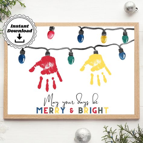 Preschool Christmas Handprint Art, Handprint Canvas Christmas, Canvas Preschool Christmas Art, Kid Christmas Canvas Painting, Christmas Handprint Pictures, Handprint Christmas Lights, Preschool Christmas Canvas Art, Sibling Handprint Art Christmas Gifts, Diy Christmas Paintings On Canvas Kid Hand Prints