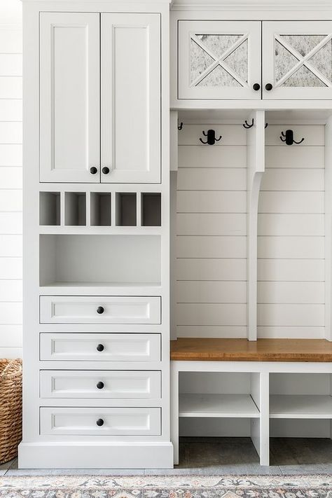 Mudroom Cabinet Dropzone Mudroom Cabinet Dropzone The mudroom upper cabinets are inset with antiqued mirror Mudroom Cabinet Ideas Dropzone Mudroom Cabinet #Dropzone #Mudroom #Cabinet Mudroom Cabinet Ideas, Mudroom Cabinet, Armoire Entree, Mudroom Cabinets, Vstupná Hala, Mud Room Entry, Shiplap Backsplash, Mudroom Lockers, Antiqued Mirror