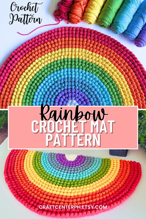 Crochet Rainbow Rug Pattern Free, Crochet Rainbow Rug, Crochet Pride Patterns, Pride Knitting, Rainbow Crochet Pattern, Rainbow Crochet Blanket Pattern, Fun Crochet Patterns, Crochet Bath Mat, Crochet Rug Patterns Free