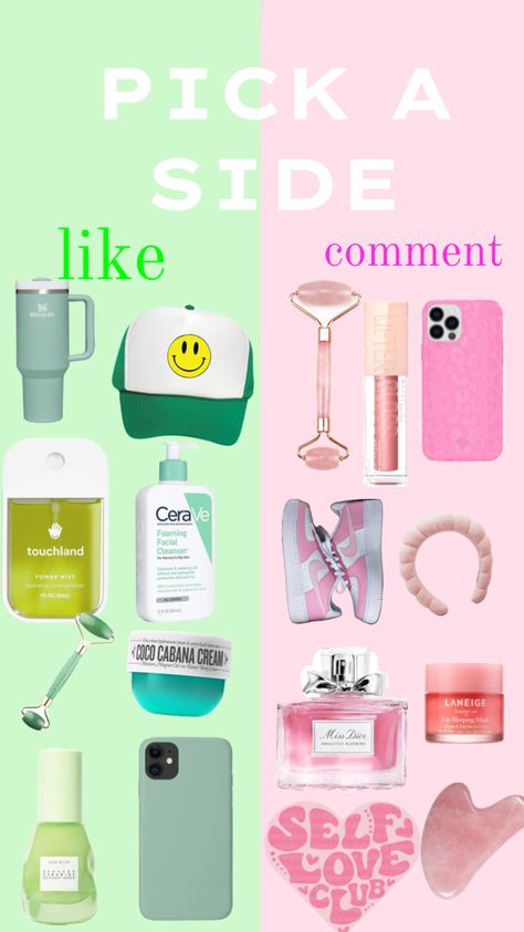 PICK A SIDE!! | skincare edition |this series will be in my remixes for this post! | #outfitinspo #pickaside #yayyy #pink #green Pick A Side Aesthetic, Pick A Side, International Women’s Day, Woman’s Day, Siding, Skin Care, Energy, Celebrities, Skin