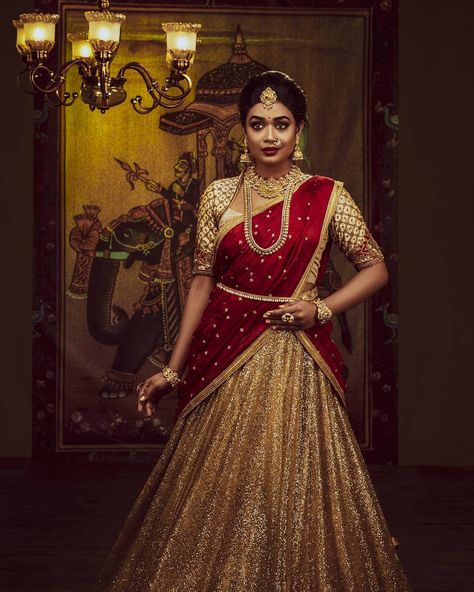 The Royal Bride 💛  Featuring The Beautiful Elegant @swayam_06  Designer N Styled by @studio149  The Perfection Touch by @salomirdiamond #halfsaree #saree #sareedraping #bridalsaree #hairstyle #makeup #bridalmakeup #bridalhair #bridaljewellery #goldsaree #bridal #bridalmakeup #traditional #marriage Pavadai Thavani Design, Saree Designs For Wedding, Pavadai Thavani, Designer Half Sarees, Studio 149, Royal Bride, Designer Bridal Lehenga Choli, Lehenga Saree Design, Half Saree Lehenga