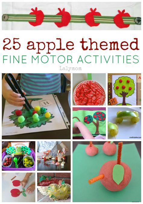 A collection of 25 Apple Themed Fine Motor Skills Activities for toddlers, preschoolers and school aged kids. September Lessons, Preschool Apple Theme, Apple Crafts, Apple Lessons, Slp Materials, Teaching Mama, Apple Preschool, Apple Unit, Fine Motor Activities For Kids