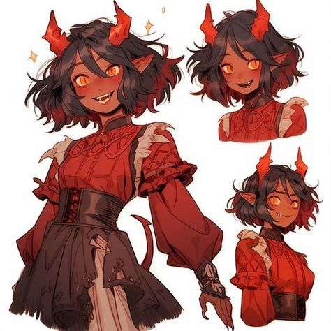 Character Hair Inspiration, Wild Hair Character Design, Dresses Character Design, Fantasy Hair Reference, Oc Hair Inspiration, Cute Demon Character Design, Dnd Demon Character, Bubbly Character Design, Demon Girl Character Design