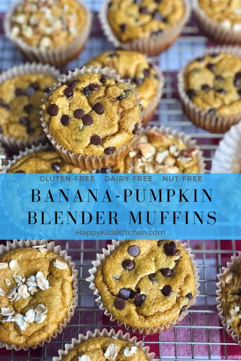 Banana Pumpkin Blender Muffins, Blender Pumpkin Muffins, Pumpkin Blender Muffins, Blender Banana Muffins, Rain Food, Healthy Toddler Food, Pumpkin Banana Muffins, Cooking With Children, Gluten Free Pumpkin Muffins