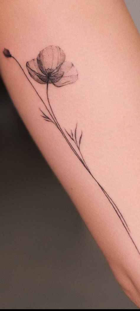 Flowing Tattoos For Women, Poppy Line Tattoo, Poppy Seed Tattoo, Long Stem Flower Tattoo, Fine Line Botanical Tattoo, Body And Soul Tattoo, Flower Tattoo Linework, X Ray Flower Tattoo, Flower Tattoo With Words