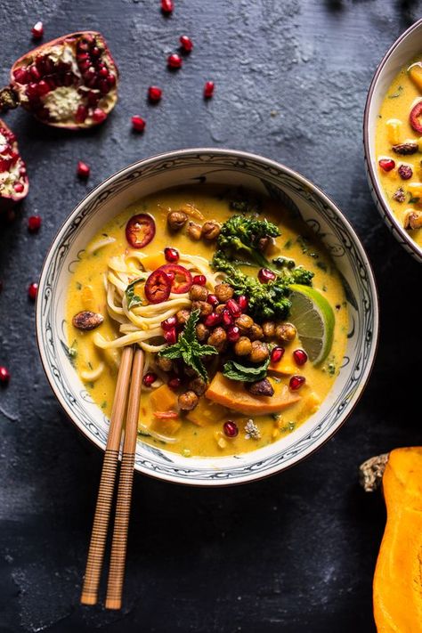 Thai Pumpkin Laksa with Crunchy “Fried” Chickpeas | halfbakedharvest.com @hbharvest Fried Chickpeas, Thai Dinner, Curry Night, Crunchy Chickpeas, Dinner Vegan, Chickpea Recipes, Half Baked, Half Baked Harvest, Think Food