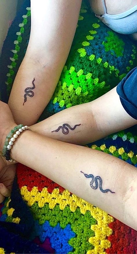 Snake Matching Tattoos, Matching Sister Tattoos For 4, Matching Snake Tattoos, Trio Tattoos Friends, Matching Tattoos Trio, Tattoos For Trios, Matching Trio Tattoos, Trio Matching Tattoos, Tattoo Trio