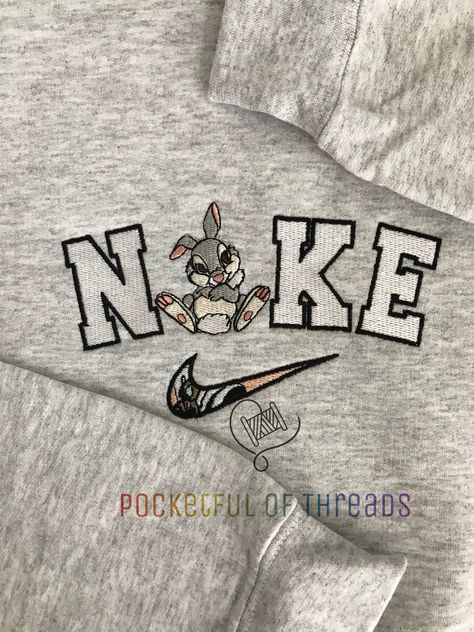 Disney Nike Embroidery, Nike Iron On Sweatshirt, Embroidery Nike Designs, Iron On Patches Ideas Clothes Diy, Iron On Patches Sweatshirt Ideas, Custom Nike Sweatshirt, Iron On Patches Ideas Clothes, Sweat Nike, Bambi Thumper