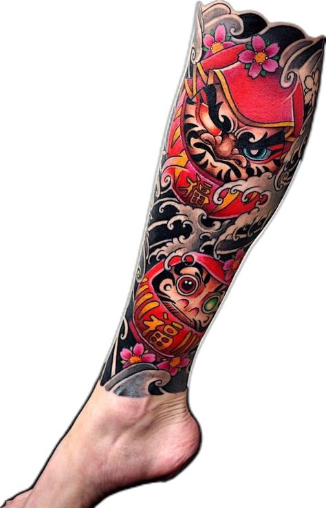 24d Art, Sleeve Tattoos Leg, Tattoo Daruma, Daruma Doll Tattoo, Foo Dog Tattoo Design, Samurai Tattoo Sleeve, Tattoos Leg, Japanese Leg Tattoo, Oni Mask Tattoo