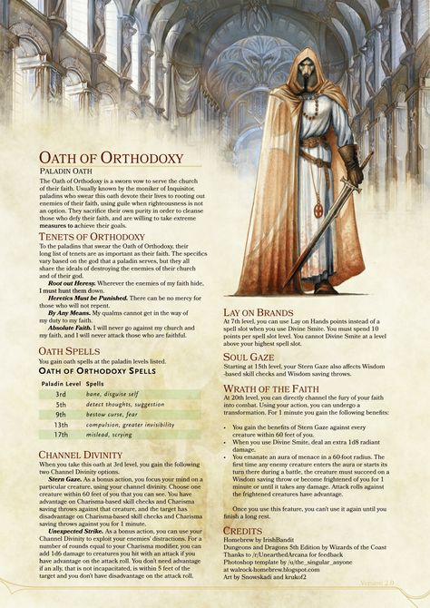 Oath of Orthodoxy Paladin by IrishBandit Paladin Oath, Dnd Paladin, Dnd Homebrew, D D Classes, Dnd Classes, Dnd Races, Dungeons And Dragons 5e, Dungeons And Dragons Classes, Dnd 5e Homebrew