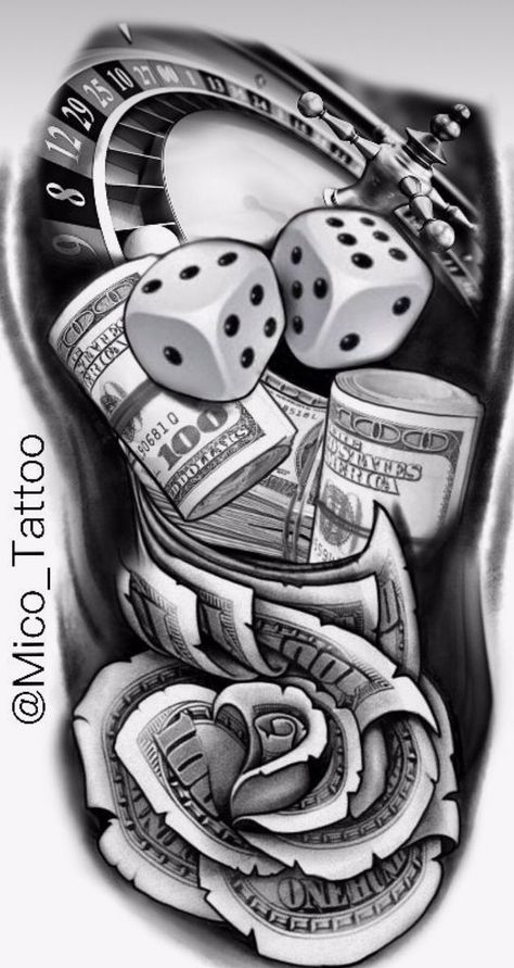 Gambling Tattoos, Money Tattoo Designs, Tattoos Black And White, Money Rose Tattoo, Poker Tattoo, Dollar Tattoo, Casino Tattoo, Dice Tattoo, Vegas Tattoo