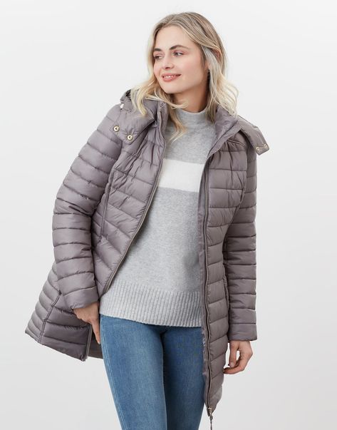 Canterbury null Long Luxe Padded Jacket , Size 10 | Joules UK Rain Collection, Hooded Rain Jacket, Long Wool Coat, Quilted Puffer Jacket, Hooded Raincoat, Floral Jacket, Padded Coat, Slate Grey, Canterbury