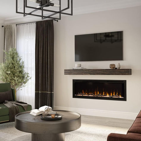 This smart linear fireplace has multiple flame colors and is recessed in the wall so it saves on space while looking modern and classy! Tv With Electric Fireplace, Linear Electric Fireplace, Flame Colors, Blue Yellow Orange, Room Upgrade, Wall Mount Electric Fireplace, Wood Fireplace, Stove Fireplace, Indoor Fireplace