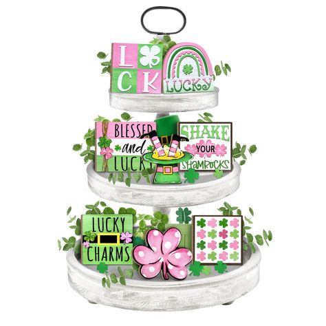 PRICES MAY VARY. St. Patrick's Day Tiered Tray Decorations Set: Our tiered tray decor includes 8 pcs of different cute style wooden signs: 1 pcs "LUCK" square sign, 1 pcs pink shamrock sign, 1 pcs top hat with feet sign, 1 pcs "LUCKY" rainbow sign, 1 pcs lovely shamrocks sign, 1 pcs "LUCKY CHARMS" wood sign, 1 pcs "SHAKE YOUR SHAMROCKS" sign and 1 pcs "BLESSED and LUCKY" book stack sign. The lucky tier tray decor will bring a joyful atmosphere to your Saint Patrick's Day! The tiered tray is NOT March Decorations, March Decor, Pink Shamrock, Farmhouse Tray Decor, Green Farmhouse, Summertime Crafts, Rainbow Sign, Home Wooden Signs, Farmhouse Tray