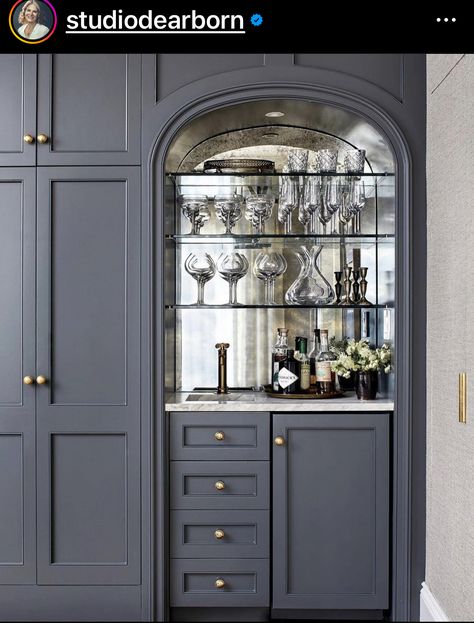 Arched Built In Kitchen, Butler Door, Built In Bar Nook, Bar Millwork, Alcove Bar, Bar Niche, Arched Niche, Built In Bar Cabinet, Dry Bar Ideas