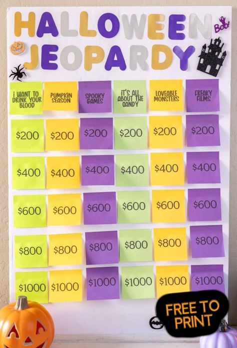 This Halloween Jeopardy game is one of the best Halloween games ever! Tons of different Halloween trivia questions for teens and adults - it's perfect for your next Halloween party! Group Halloween Party Games, Diy Halloween Games Party Ideas, Halloween Games For Families, Halloween Jeopardy Game For Kids, Halloween Group Activities For Adults, Halloween Games For 3rd Grade Party, Halloween Jeopardy Questions, Halloween Jeapordy, Halloween Youth Group Activities