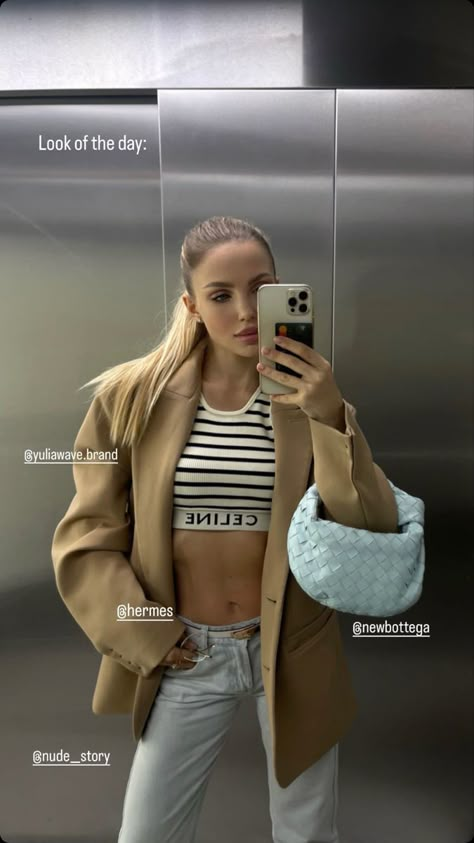 Hermes Kelly Belt Women Outfits, Celine Crop Top Outfit, Celine Bra Top Outfit, Celine Sports Bra Outfit, Celine Top Outfit, Hermes Kelly Belt Outfit, Kelly Belt Outfit, Stripe Crop Top Outfit, Celine Crop Top