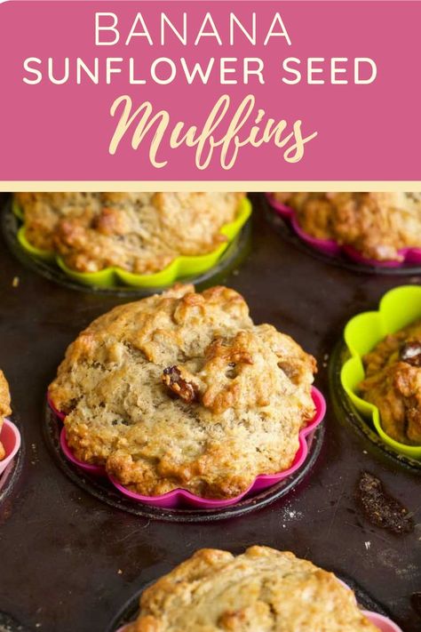 Banana sunflower seed muffins in a muffin tin. Banana Seeds, Banana Muffin, Seed Muffins, Cowboy Cookies, Simple Muffin Recipe, Oatmeal Muffins, The Sunflower, Sunflower Seed, Banana Muffins