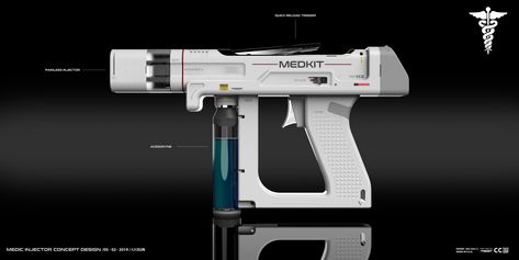 medkit injector design final version, kai sun on ArtStation at https://www.artstation.com/artwork/oOdVe4 Cyberpunk Gear Design, Scifi Gadgets, Medical Tech, Sci Fi Props, Tactical Gear Loadout, Industrial Design Sketch, Future Tech, Medical Aesthetic, Devices Design