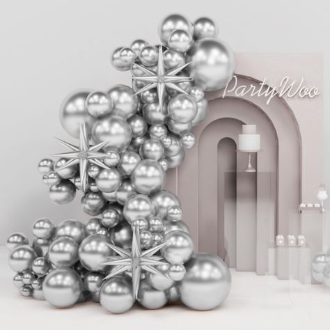 PRICES MAY VARY. 110 PCS METALLIC SILVER BALLOONS DIFFERENT SIZES: Package includes 22 inch foil star balloons (3 pcs), 18 inch balloons (2 pcs), 12 inch balloons (20 pcs), 10 inch balloons (30 pcs), 5 inch balloons (55 pcs), balloon decorating strip included. Due to the special shape of star balloons, they cannot float when filled with helium. It is recommended to fill them with air NON-TOXIC & SAFE: Made of latex, safe and non-toxic, recommended to use with a balloon hand pump or electric ball Silver White Decorations Party, Moon Balloon Decoration, Green And Silver Balloon Garland, Champagne Balloon Decor, Winter Wonderland Party Decorations, Silver Balloon Arch, Balloon Garland Birthday, Snowball Dance, Silver Balloon Garland