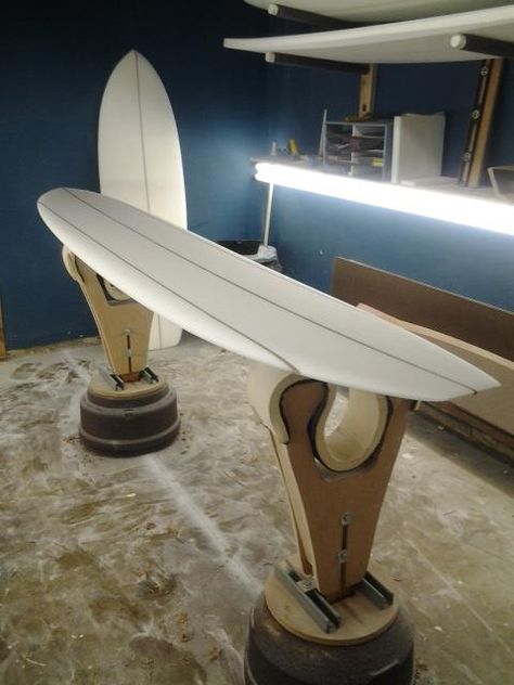 Surfboard Shaping Stand, Making Surfboards, Surfboard Making, Surfboard Shaping, Windsurfing Boards, Unique Table Design, Surfboard Stand, Surfboard Storage, Surfboard Rack