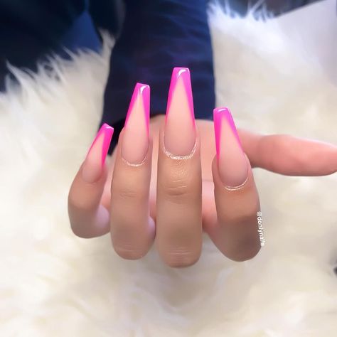 Acrylic Nails Coffin French, Hot Pink Acrylic Nails Coffin, V French Tips, Pink Acrylic Nails Coffin, Hot Pink French Tip Nails, Hot Pink Acrylic Nails, Hot Pink French Tip, V French Tip, Pink French Tip Nails