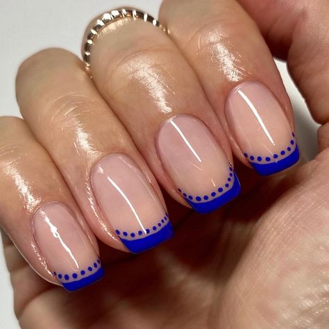 Blue Tip Manicure, French Manicure Blue Tips, Diagonal Tip Nails, Blue French Nail Designs, Blue Tip Nails French Manicures, Nails For Europe, French Tip Colors, Fancy French Tips, Fun French Tip Nails