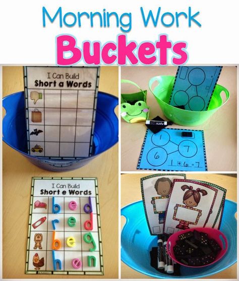 Use Morning Work Buckets with students to practice skills, without the teachers assistance. Ideas for morning work and for when students come into class. Morning Work Buckets, Morning Work Ideas, Fun Morning Work, Kindergarten Morning Work, Daily Five, Morning Activities, Kindergarten Centers, Kindergarten Fun, Kindergarten Class