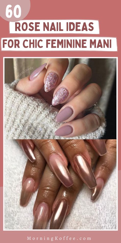 Discover Trendy and Elegant Rose Gold Nail Designs for a Cute and Chic Look. trendy rose gold nails, chic nails with rose gold manicures. Rose Gold Nail Ideas, Nails With Rose Gold, Gold Nail Ideas, Rose Gold Manicure, Shiny Manicure, Rose Gold Nails Glitter, Rose Gold Nail, Gold Gel Nails, Rose Gold Nails Design