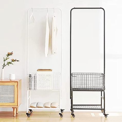 Basket With Wheels, Rolling Laundry Basket, Rolling Clothes Rack, Metal Cart, Laundry Cart, Laundry Room Layouts, Hanger Storage, Metal Clothing, Hanger Rack