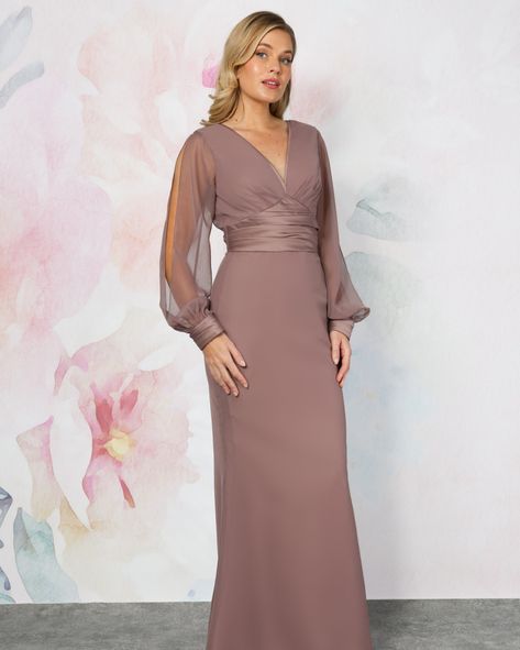 How gorgeous is this new bridesmaid dress? 😍 Featuring long sheer sleeves cinched in at the wrist with a satin cuff design. The satin ruched waistband complements the fit and flare chiffon skirt beautifully. 💚✨ #EB7840 #emmabridals #bridesmaids #bridesmaid #wedding #weddinginspiration #weddingideas #bridesmaiddresses #weddingday #weddinginspo #weddings #engaged #bridalparty #weddingfashion #weddingstyle #bridalfashion #love #bridesmaidsdress #bridesmaidsdresses #bridestyle #chiffonbridesmaid... Long Sleeve Satin Wedding Dress Fitted, Satin Wedding Dress Fitted, Long Sleeve Satin Wedding Dress, Cuff Design, Split Sleeve, Bridal Bridesmaid Dresses, Fitted Wedding Dress, Satin Wedding Dress, Bridesmaid Wedding