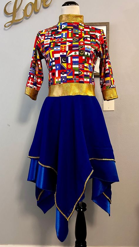 Beautiful prophetic dress with 3/4 sleeves (long sleeves upon request), with different nations flags print in spandex fabric. Bottom is chiffon and satin fabrics with gold trimming in top skirt.  Sizes run like your regular clothes size. Color is royal blue with print but if you would like a custom color with your nations print, message us and we'll let you know available colors. Praise Dance Outfits, Worship Dance Outfits, Dance Worship, Praise Dance Garments, Praise Dance Dresses, Liturgical Dance, Dance Garments, Worship Dance, Satin Fabrics